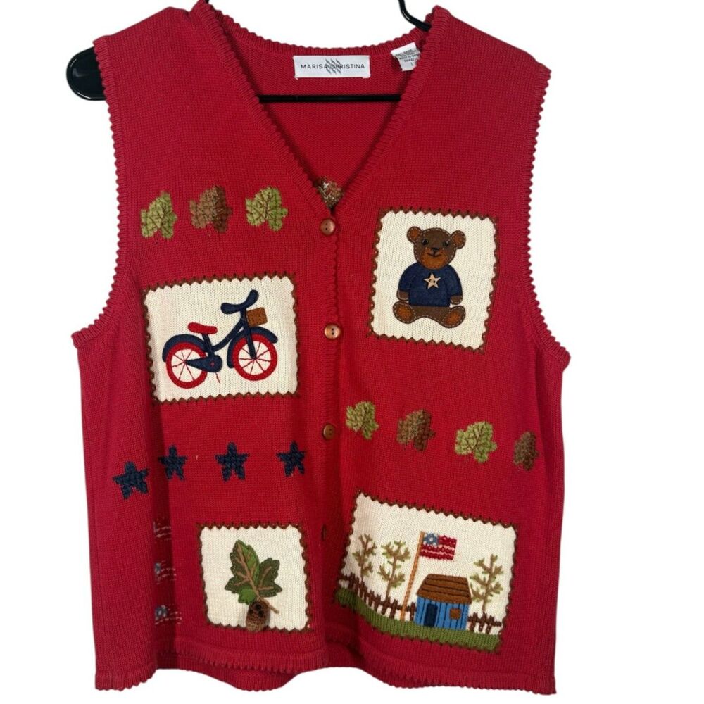 Vintage Marisa Christina Red Americana Sweater Vest Sz L Bear Bike House V neck